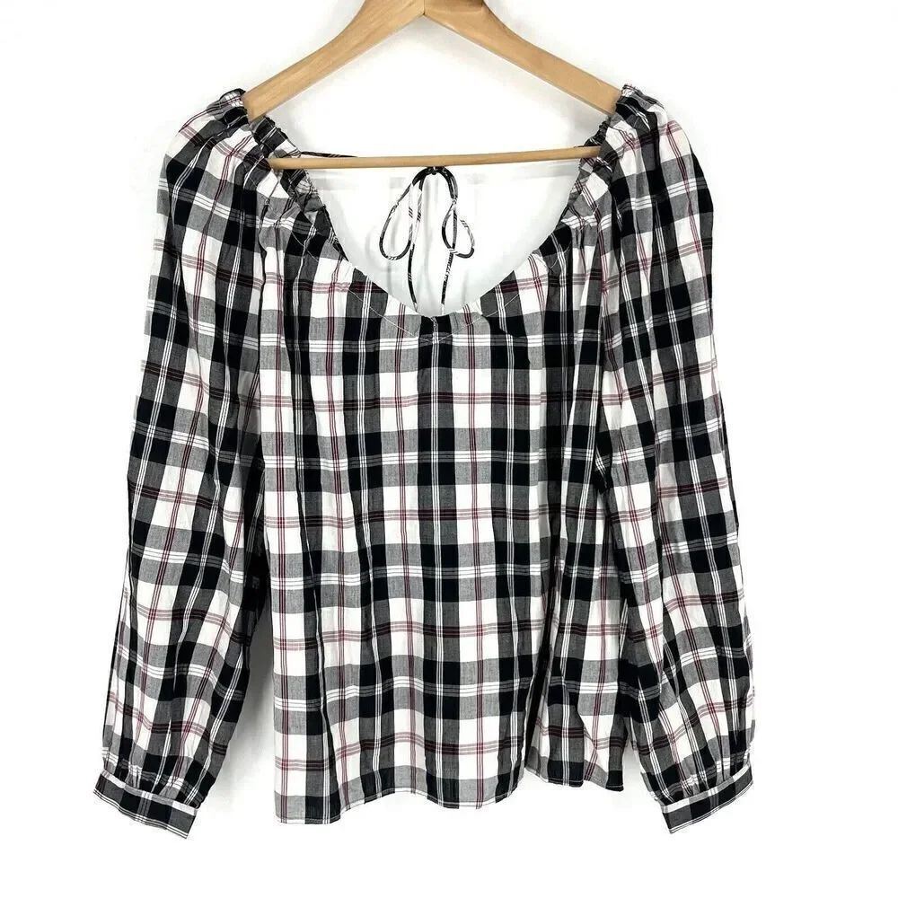 J Crew Top Size Small Womens Black White Friday Plaid Long Sleeve V Neck Shirt